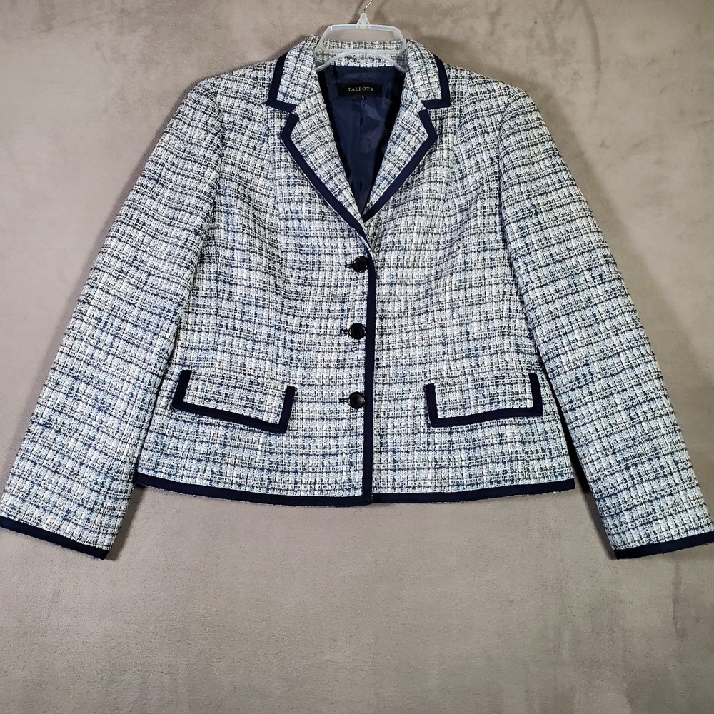 Talbots Blazer Womens 14 Blue Tweed Jacket Preppy Office Acedemia Classic Chic